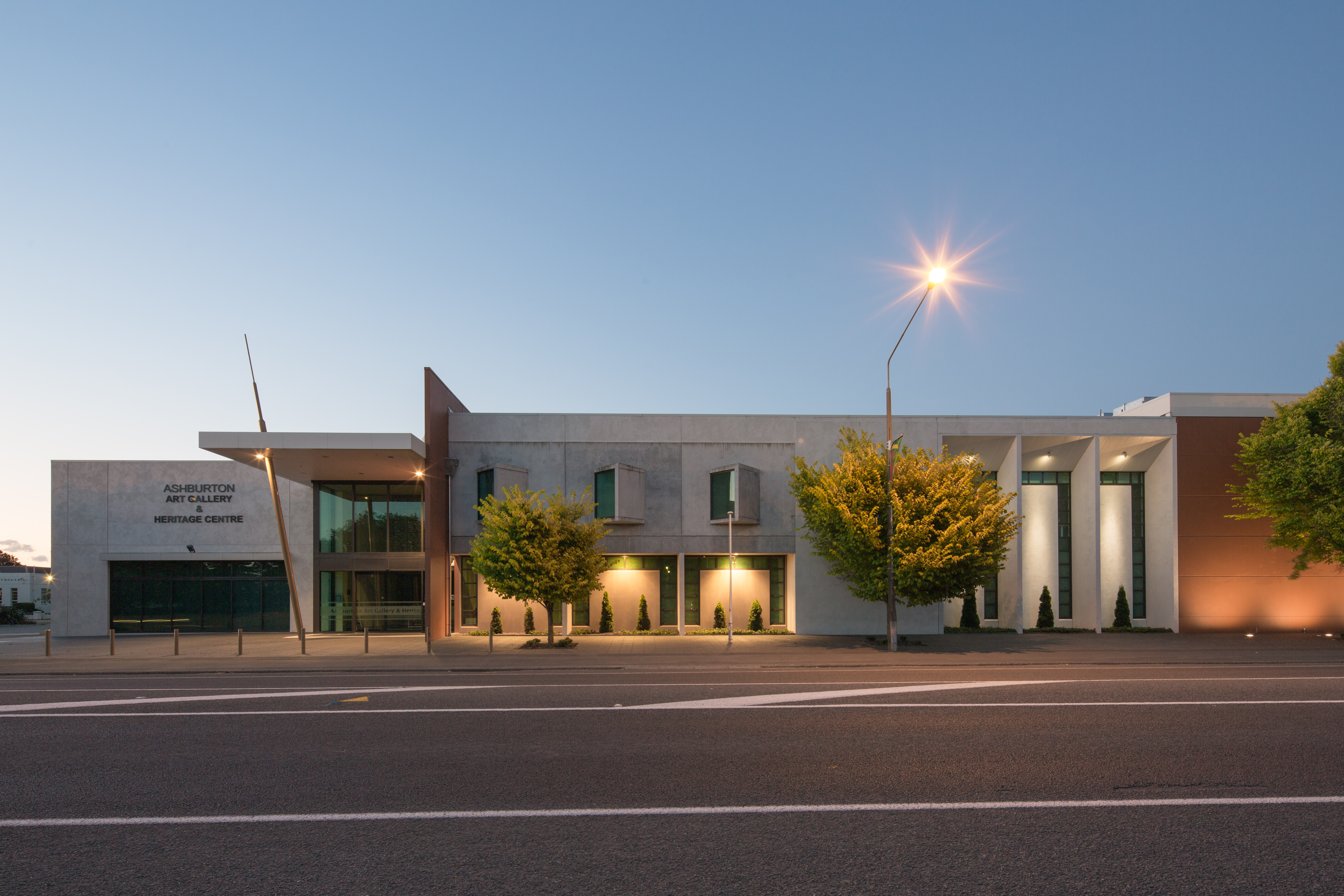 Exterior of Ashburton Art Gallery and Museum at sunset